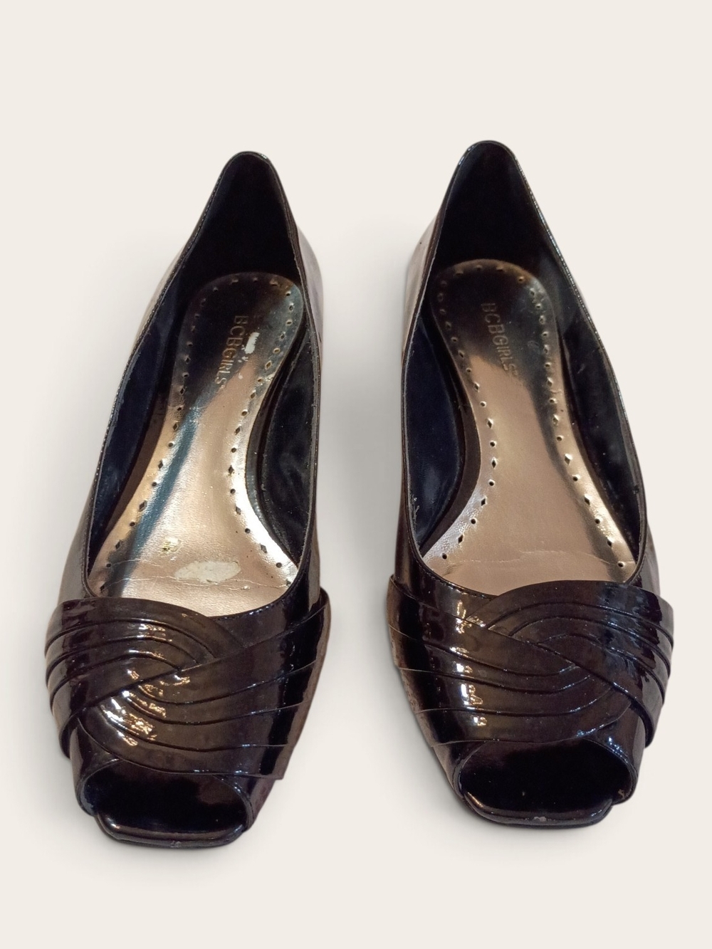 BCBGirls Black Patent Open-Toe Flats with Woven Toe Detail
